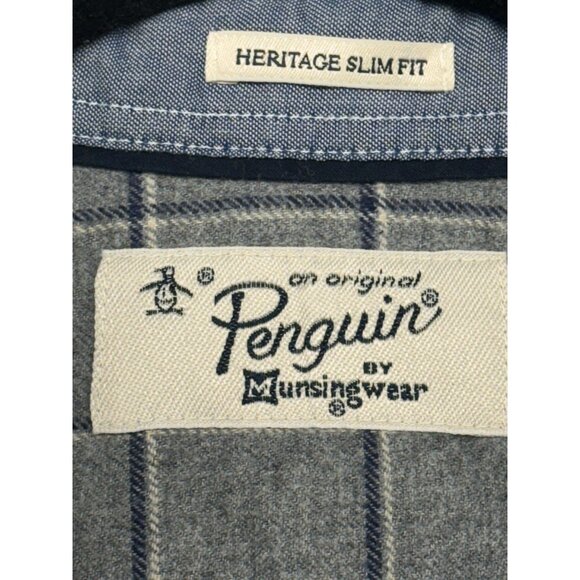 PENGUIN HERITAGE SLIM FIT MENS GREY POCKET FLANNEL BUTTON UP SHIRT - Picture 4 of 8